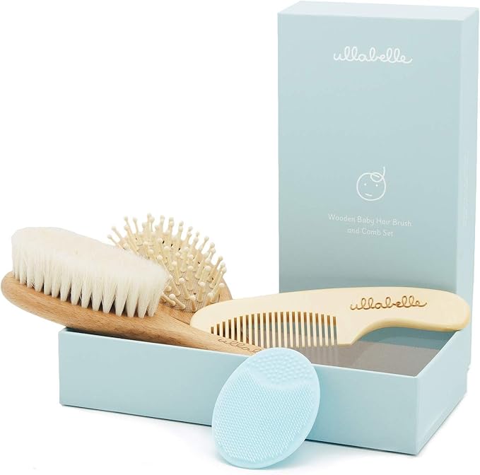 Ullabelle 4 Piece Wooden Baby Hair Brush and Comb Set for Newborns & Toddlers in Chic Gift Box - Ultra Soft Natural Goat Hair and Wood Baby Brush Set Prevents Cradle Cap - Perfect Registry Gift (Blue)