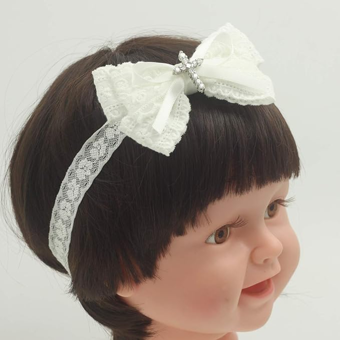 White Baby Bow Headband for Baptism Christening Satin Lace Hair Band with Cross for Toddler (B-white lace headband for baptism, 0-6 months)