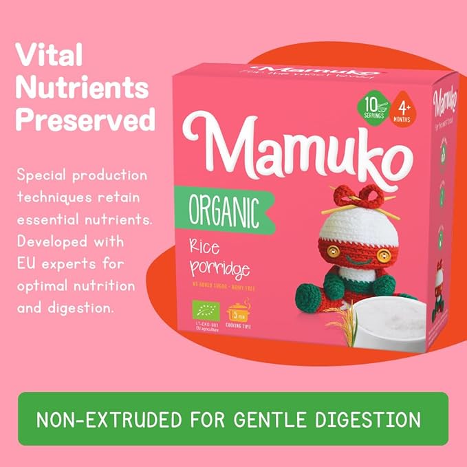 MAMUKO Organic Porridge - Rice porridge with No Added Sugar, Milk & Preservatives - High Fiber porridge Developed with EU Experts - Healthy porridge Ideal for Little Ones from 4+ Months - 2 Pack