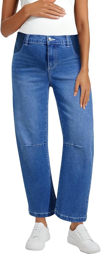 BLENCOT Women's Maternity Jeans Elastic Hight Waist Stretch Barrel Jeans Wide Leg Side Panel Pregnancy Denim Pants