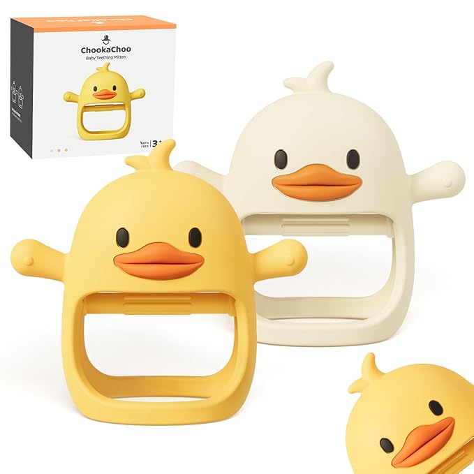 ChooKaChoo 2 Pack Baby Teething Toy for Over 3 Months, Food Grade Silicone Teething Mitten, Anti Dropping Wrist Hand Teethers Baby Chew Toys for Sucking Needs, BPA Free (Duckie)