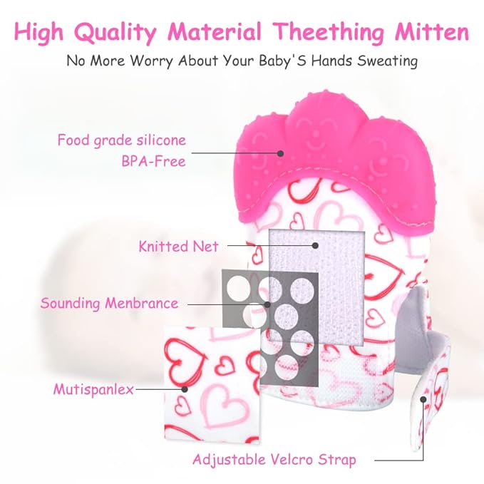 2Pack Silicone Teething Mitt, Soothing Infant Teething Mitten Pain Relief, Prevent Scratches Glove, Safe Silicone Teething Toys for 0-12 Months