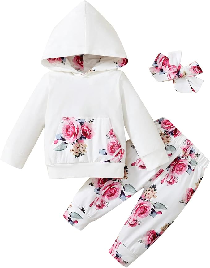 Yvowming Newborn Baby Girl Clothes Outfits Infant Hoodie Sweatshirt Pants Headband Toddler Girl Clothing Set
