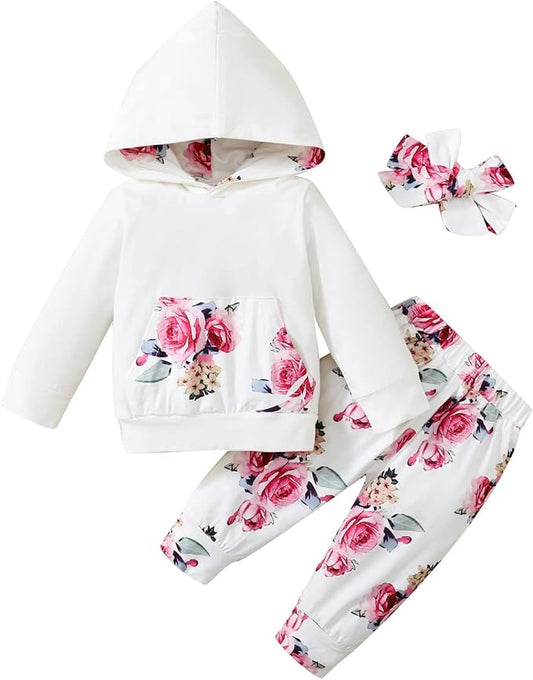 Yvowming Newborn Baby Girl Clothes Outfits Infant Hoodie Sweatshirt Pants Headband Toddler Girl Clothing Set