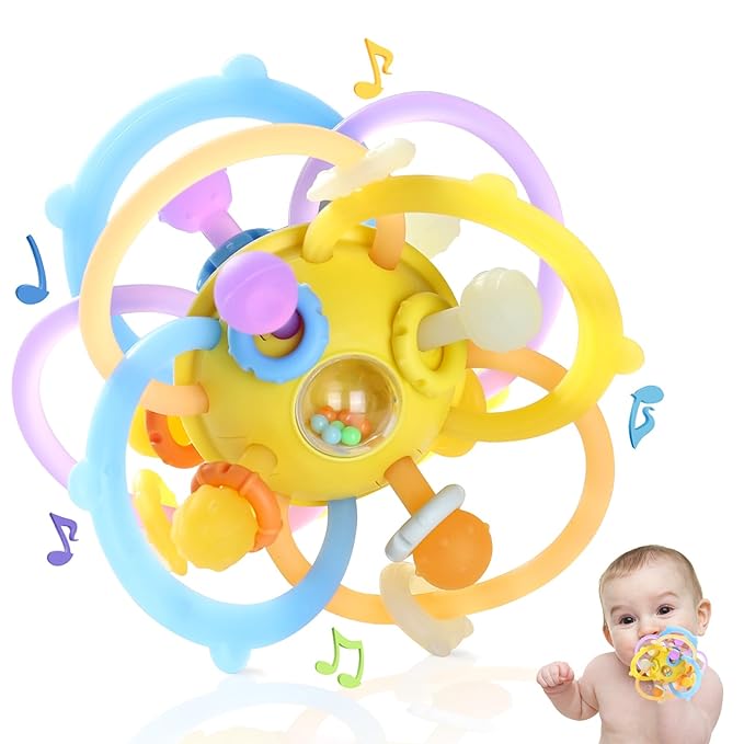 Baby Sensory Teething Toys, Baby Montessori Teether Toys for 0 3 6 9 12 18 Months, Silicone Tummy Time Toy with Rattle Ball for Newborn Infant, Learning Delopmental Gift for Boys Girls, Yellow