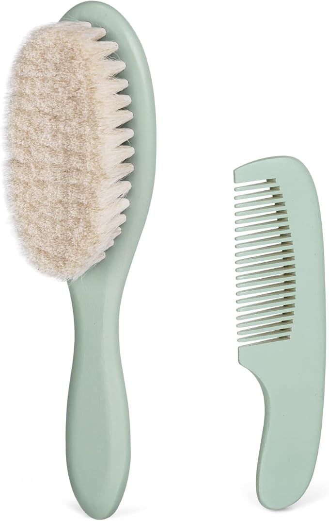 BumbleBee Newborn Baby Hair Brush & Comb Set - Wooden Brush with Soft Wool Bristles, Cradle Cap Brush for Boys, Girls & Toddlers, Sage