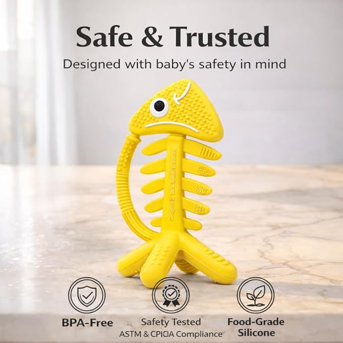 3 in 1 Infant Toys, Baby Teething Toys 3–6 6–12 Months, Teethers for Babies 0–3–6–12 Months for Teething Relief, Baby Gift, Baby Teether Toys, Silicone Sensory Toys, USA Patent Pending, Fish (Yellow)