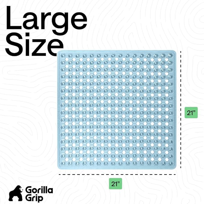 GORILLA GRIP Patented Square Shower Stall Mat, Small Bathtub Floor Mats for Stand Up Showers with Suction Cups and Drainage Holes, Machine Washable, Soft on Feet, Bathroom Accessories 21x21 Inch, Blue