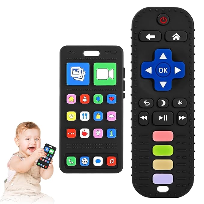 Baby Silicone Teething Toys, Phone and Remote Control Teether Toys for Toddlers 3-18 Months, Boys Girls Babies Teething Toy, Baby Chew Toy, Freezer BPA Free