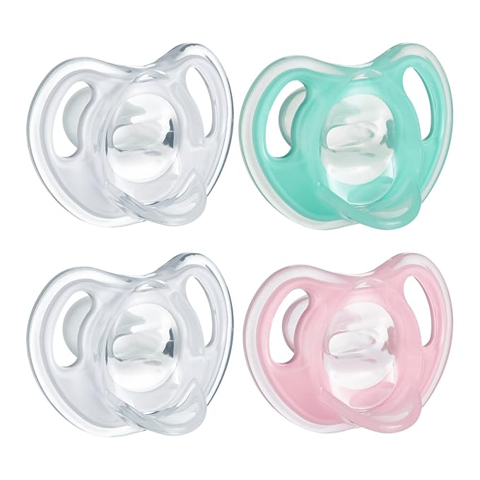 Tommee Tippee Ultra-Light Silicone Pacifier,0-6 Months,Symmetrical One-Piece Design,BPA-Free Silicone Binkies,Clear/Green/Pink,(Pack of 48)