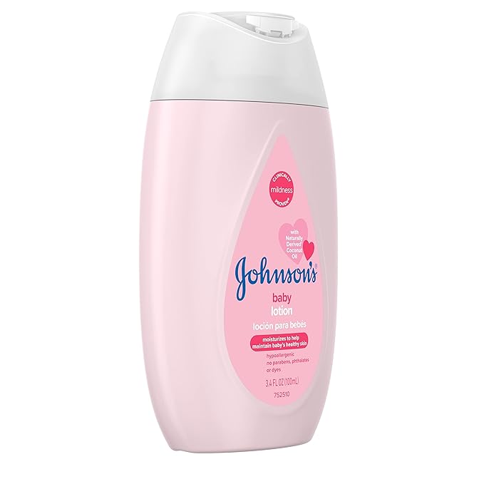 Johnson's Moisturizing Mild Pink Baby Lotion with Coconut Oil for Delicate Baby Skin, Paraben-, Phthalate- & Dye-Free, Hypoallergenic & Dermatologist-Tested, Baby Skin Care, 3.4 Fl. Oz (Pack of 3)