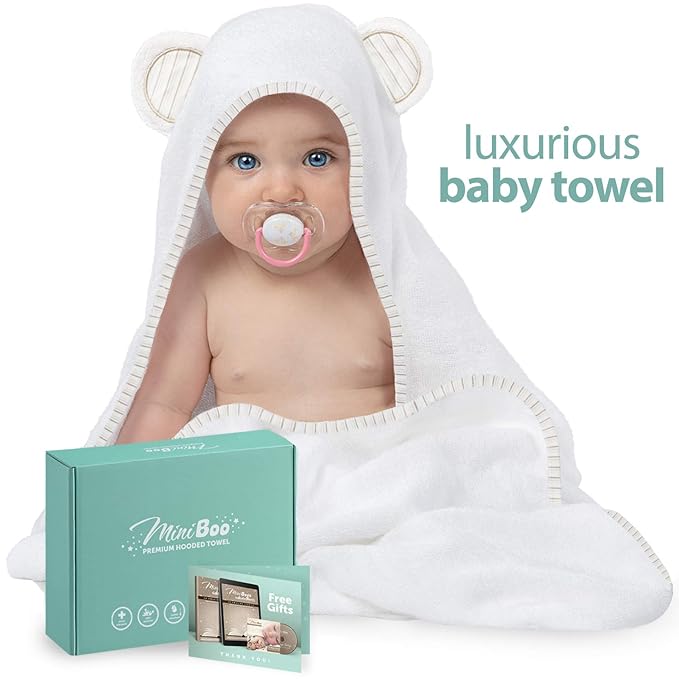 MINIBOO Hooded Baby Towels for Newborn - Super Soft Baby Bath Towels with Hood, Highly Absorbent Viscose Made from Bamboo Hooded Towel for Infant, Toddler and Kids, Baby Essentials