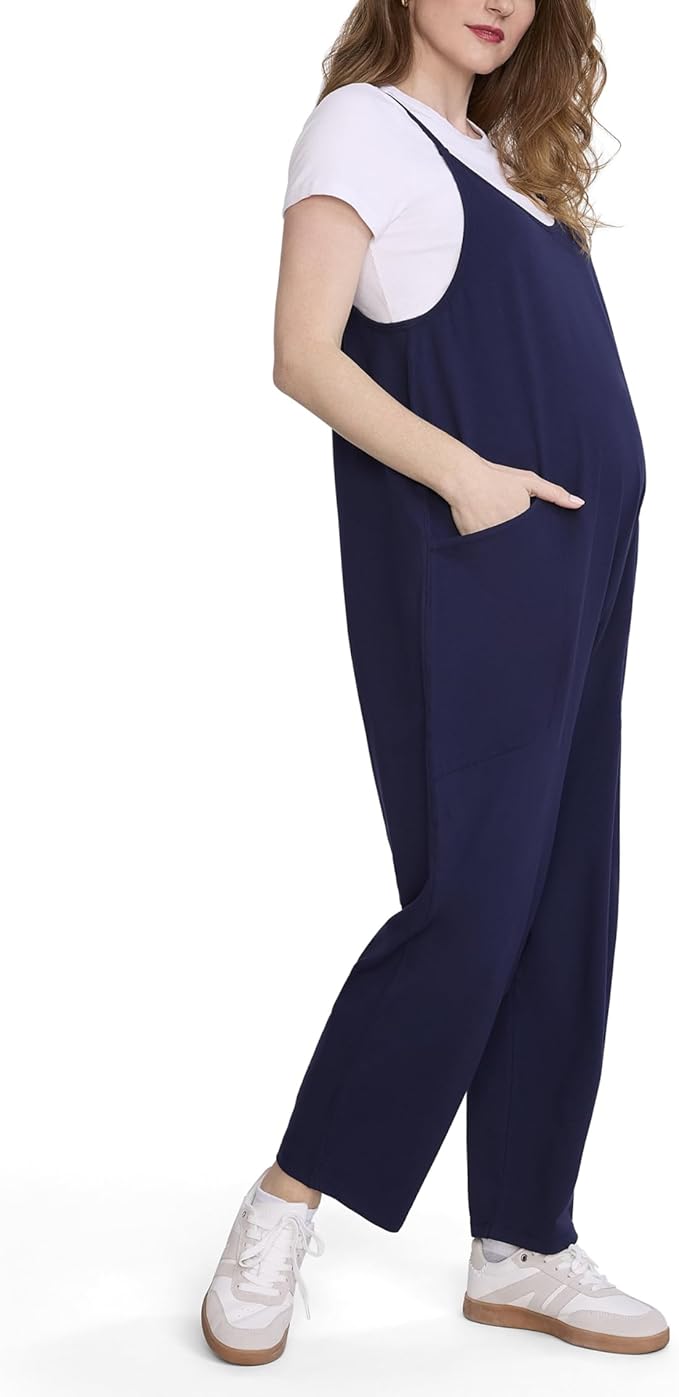 Motherhood Maternity womens Casual Baggy Sleeveless V-neck Pregnancy Romper Jumpsuit With Loose Spaghetti Straps and Pockets
