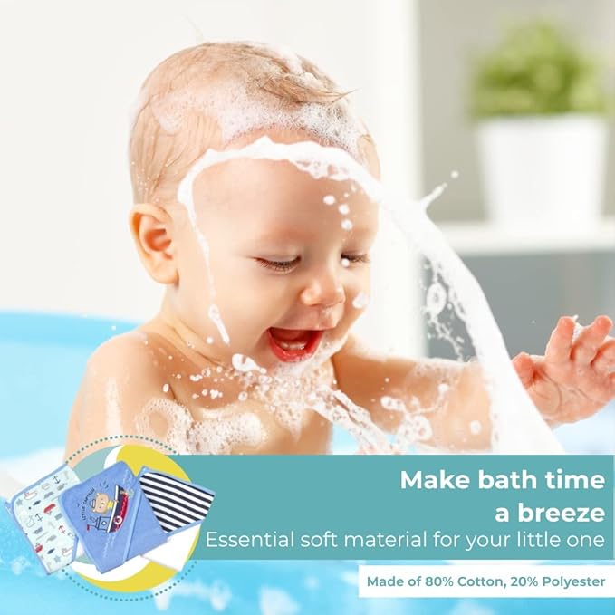 Spasilk 23-Piece Soft Terry Hooded Bath Towel and Washcloth Set, 3 Baby Towels and 20 Baby Washcloths for Newborn Boys and Girls, Navy Nautical