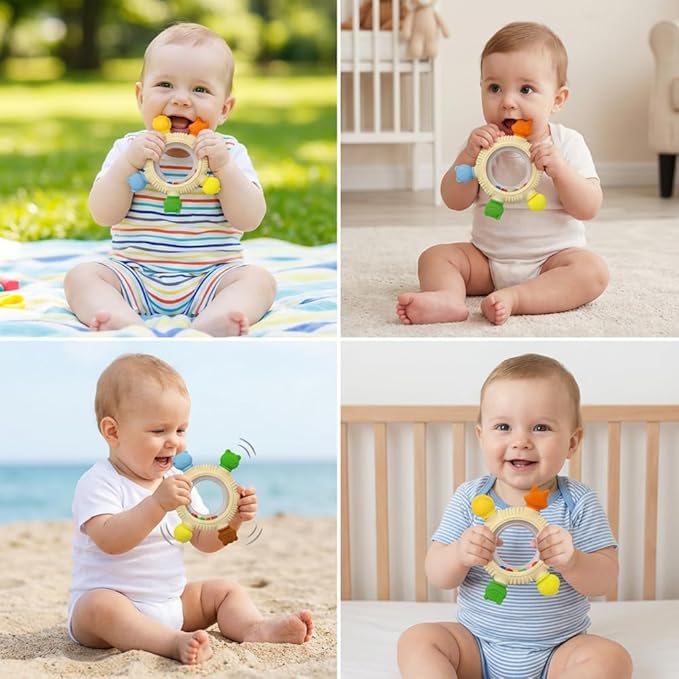 Baby Teething Toys for 0-6 Months,Babies Rattle Teether Sensory Toy for Baby 6-12 Months,Ring Teether Infant Toys for Babies 0-24Months,BPA Free Babys Chew Toys Newborn Infant Toys Gifts