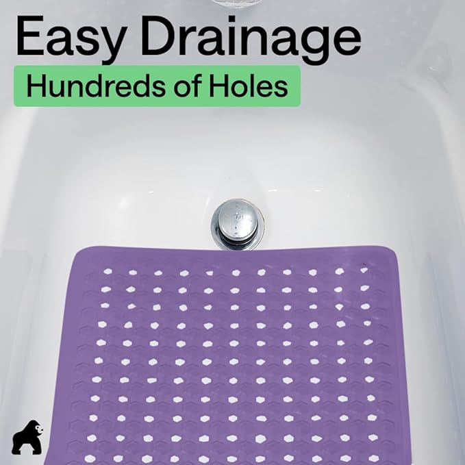 GORILLA GRIP Patented Bath Tub Shower Mat, Machine Washable Bathtub Floor Liner Mats, Suction Cups and Drain Holes to Keep Tubs Clean, Soft on Feet, Bathroom Essentials, 35x16 Inch, Purple Opaque