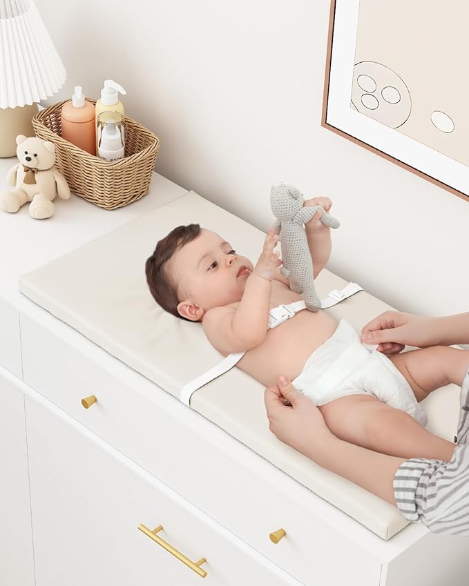 YACODAVO Wipeable Baby Changing Pad for Dresser and Table, Cozy Diaper Changing Pad with Waterproof & Wipe-Clean Leather Cover, Standard Size (31.5" L x 15.8" W), Off-White