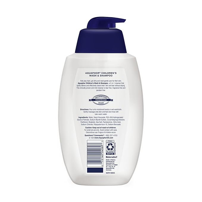 Aquaphor Children's Body Wash and Shampoo, Fragrance Free, Tear Free Shampoo and Body Wash for Kids, From Pediatrician-Recommended Brand, 25.4 Fl Oz Pump Bottle