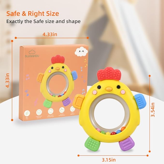 Baby Teether Rattle Toy,Babies Teething Rings Toys for 0-6 6-12 Months,Chicken Shape Textured Silicone Chew Toy for Gum Relief,Silicone Teether,BPA Free Baby Chew Toys Newborn Accessories