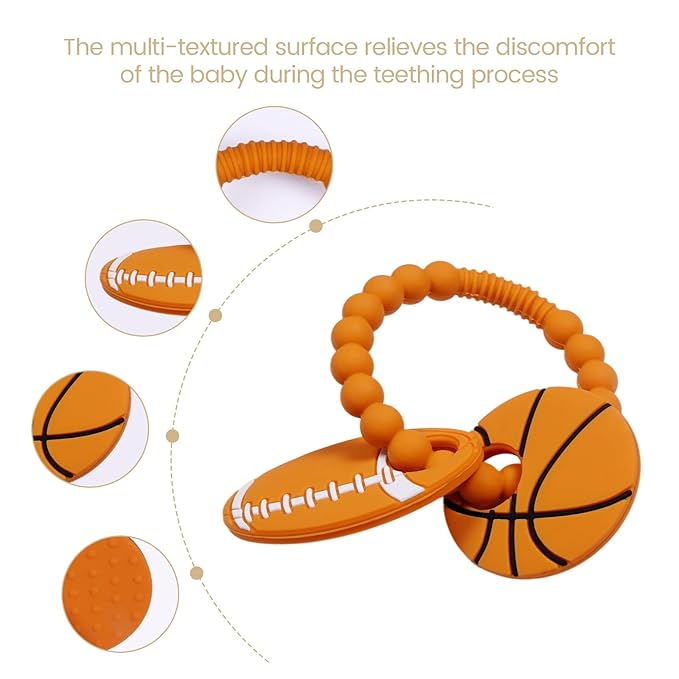 Silicone Baby Ring Toy with Basketball,American Football Teethers,Must Haves Teething Relief Chew Toys for 3-6,6-12 Months Boys and Girls,Newborns Essentials,Safe and Soft,BPA Free.