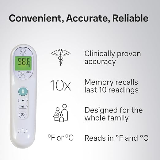 Braun No Touch 3-in-1 Thermometer for Adults, Kids & Babies, Measures Forehead, Liquid and Food Temps, Professional Accuracy & Color Coded Fever Guidance