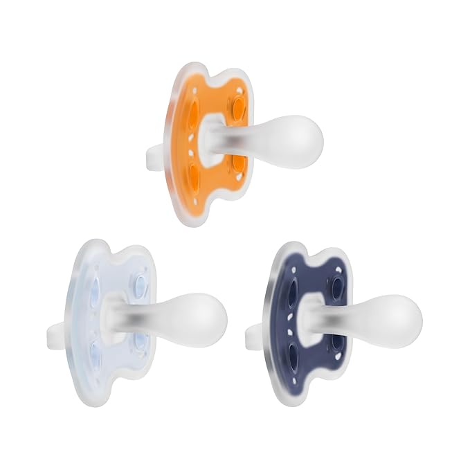 Dr. Brown's Advantage One-Piece Silicone Baby Pacifier, Fully Symmetrical Soother, Dark Blue/Light Blue/Orange, 6-18m, BPA Free, 3 Pack