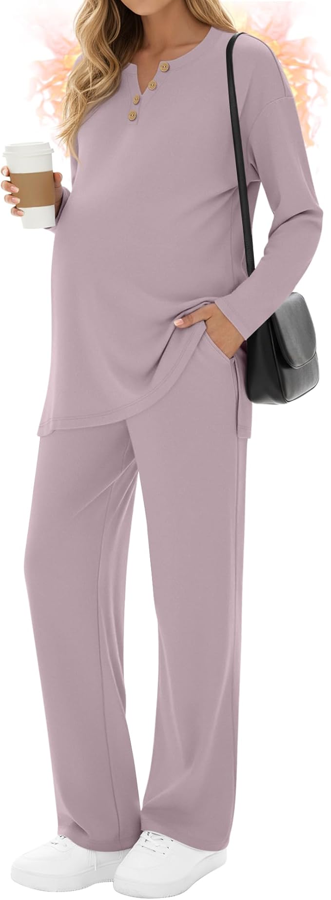 2 Piece Thermal Maternity Lounge Set Postpartum Pregnancy Fleece Loungewear Long Sleeve Top and Wide Leg Pant