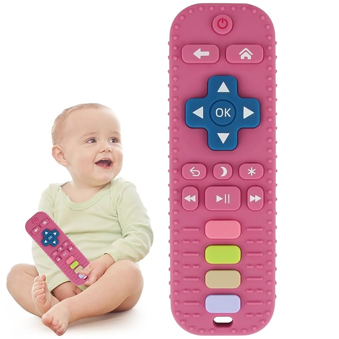 Baby Teether Toy for Babies 3-24 Months TV Remote Control Shape Chew Toy Teething Relief Baby Toys for Infants (Rose red)