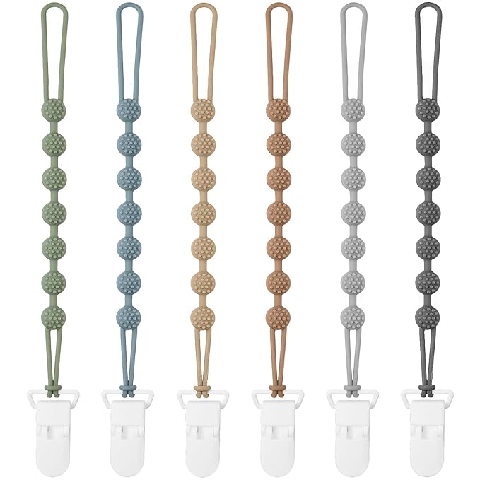 6 Pack Silicone Pacifier Clip with One-Piece Design for Baby Boys and Girls, BPA Free Soft Flexible Binky Clips with Texture for Baby Essentials