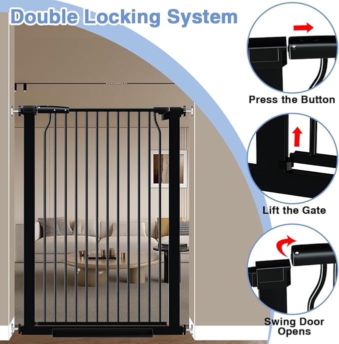 40.55" Extra Tall Baby Gate for Stairs-71.3"-76.7" Wide 1.37" Ultra Narrow Spacing Extra Wide Pet Cat Gate Dog Gate-Auto-Close Pressure Mounted Dog Door for Pets and Kids,Black