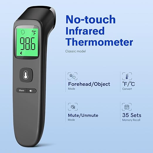 Forehead Thermometer for Adults and Kids, Fast Accurate Thermometer with Fever Alarm, 1S Reading & Silent Mode, Easy to Use for Baby, Kids & Elderly (Black)