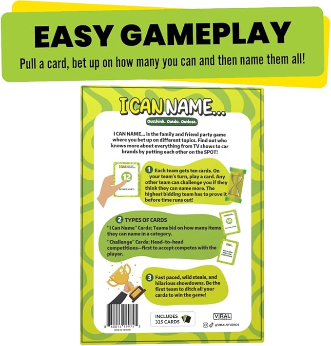 I Can Name... | Fast-Paced Family Party Game of Bidding & Brainpower | Hilarious Card Game Night, Party Game for Teens, and Adults, for Groups and Gatherings | 325 Fun Challenge Cards