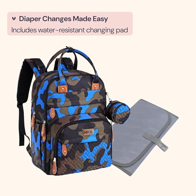 BabbleRoo Diaper Bag Backpack - Baby Essentials Travel Tote - Multi Function Water Resistant Diaper Bag, Travel Essentials Baby Bag with Changing Pad, Stroller Straps & Pacifier Case - Blue Camo