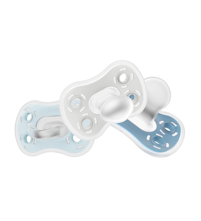 Dr. Brown's Advantage One-Piece Silicone Baby Pacifier, Fully Symmetrical Soother, Blue/Light Blue/Gray, 0-6m, BPA Free, 3 Pack