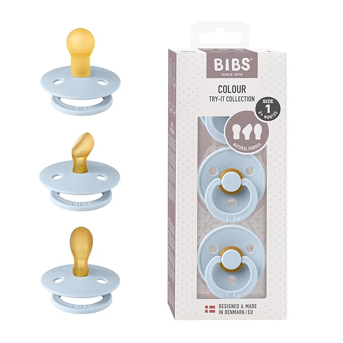 BIBS Pacifiers 0-6 Months | 3-Pack Soothers | BPA-Free Symmetrical Nipple | Made in Denmark | Ivory Try-It Collection (Baby Blue)