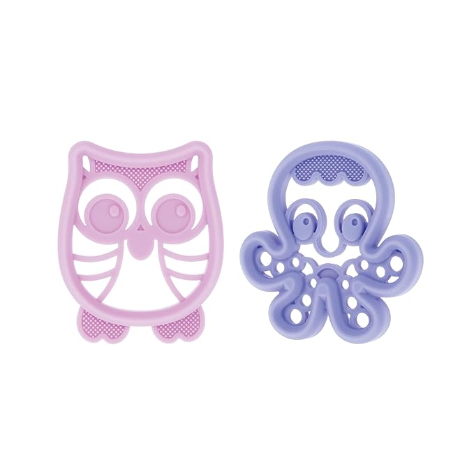 Nuby Soft Silicone Gum Massaging Baby Teether Toy - (2 Pack) Baby Teething Relief Toys for 3+ Months - Owl and Octopus