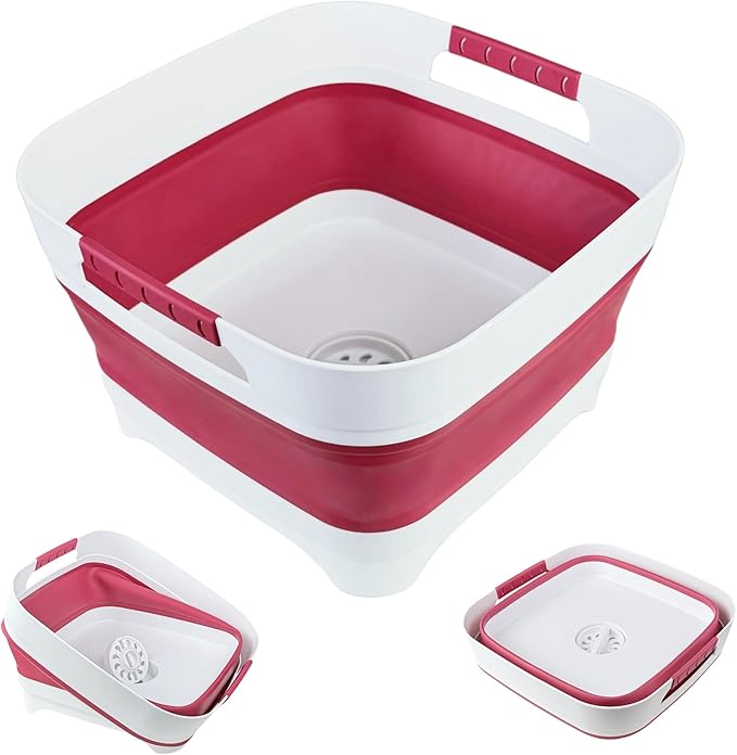 2.6 Gal(10L) Collapsible Camping Sink, Magenta Space-Saving Collapsible Dish Basin with Drain Plug for bottle washing, Collapsible Bucket for RV Essentials and Foot Soaking