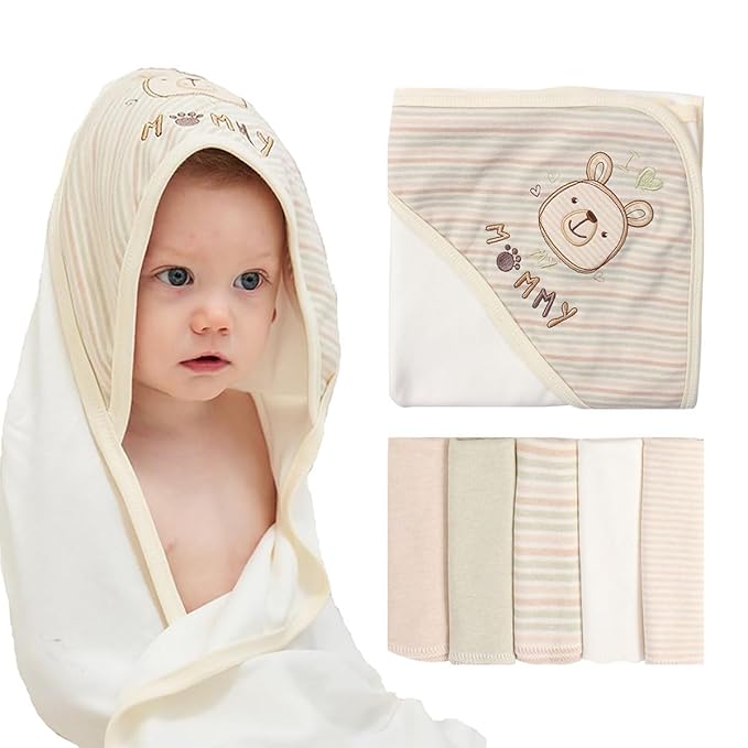 6-Pack Organic Cotton Baby Bath Set - Ultra Soft Embroidered Hooded Towel and 5 Washcloths, Premium Gentle Newborn, Toddlers Gift for Sensitive Skin, Stripes, 30 x 30 Inch