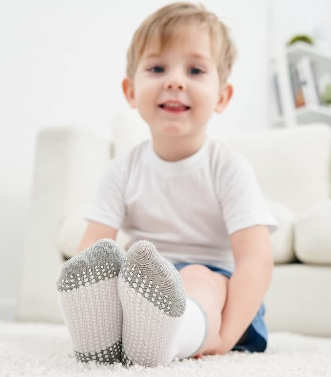 ZAPLES Baby Non Slip Grip Crew Socks with Anti Skid Soles for Infants Toddlers Kids Boys Girls