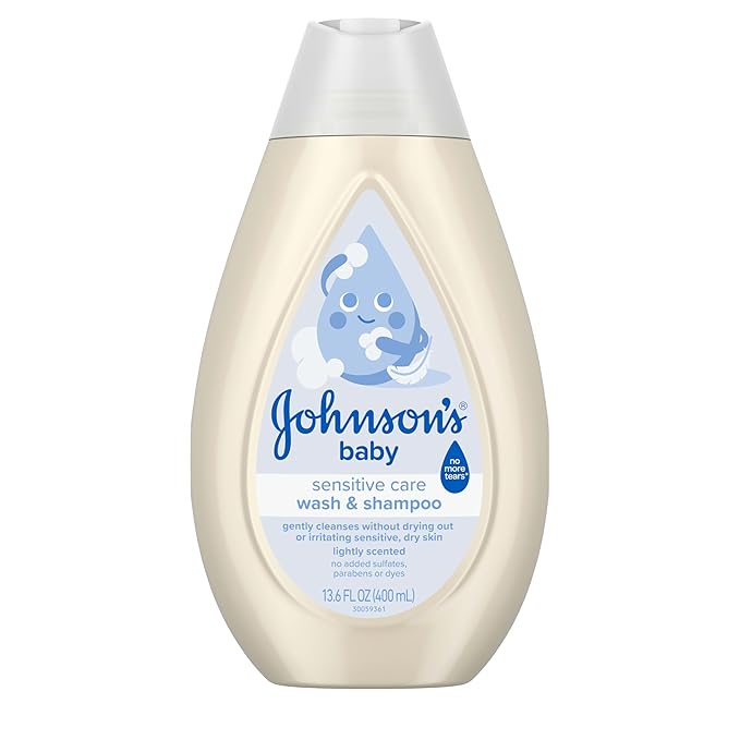 Johnson's Sensitive Care Baby Wash & Shampoo, Daily Moisturizing 2-in-1 Baby Wash & Shampoo to Gently Cleanse Without Drying Out Sensitive Skin, Light Scent, Hypoallergenic, 13.6 fl. oz