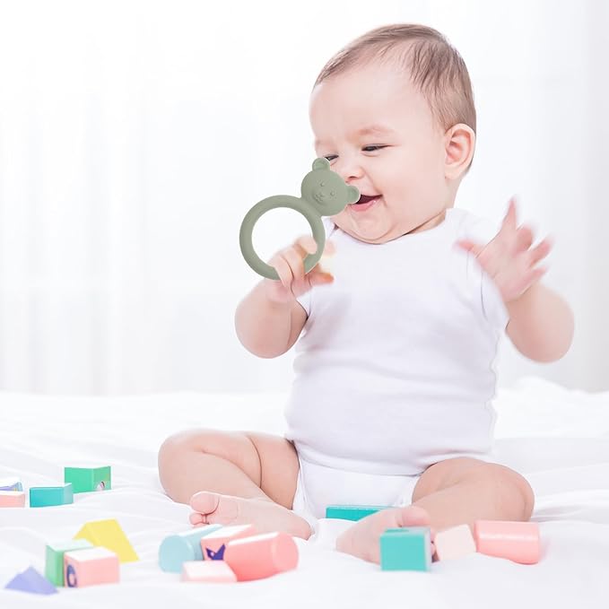 Silicone Baby Teether, Teething Toy Ring for Babies, Easy to Hold Design, BPA Free (Sand + Light Grey)
