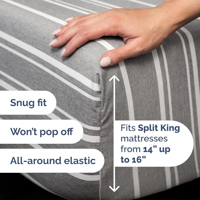 Flex Top Split Head King 4 Piece Sheet Set - Comfy Breathable & Cooling Bed Sheets Set - Hotel Luxury Bedding for Women, Men, Kids, Teens, Boys & Girls - Deep Pockets, Soft - Oeko-Tex - Grey Stripes