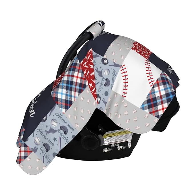 Personalized Baseball Baby Car Seat Canopy for Babies with Name, Custom Car Seat Covers Boys Girls, Peekaboo Opening Minky Nursing Breastfeeding Cover Infant Car Seat Canopies for Newborn