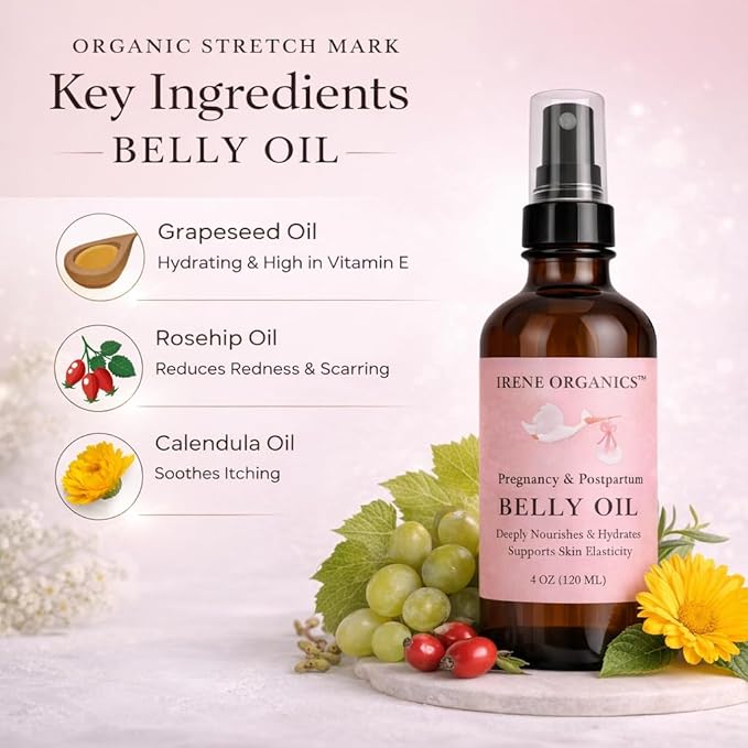 Irene Organics Organic Belly Oil for Pregnancy & Postpartum – Lightweight, Non-Greasy Stretch Mark Support Oil – Hydrating Vitamin E Bump Serum, Unscented & Pregnancy Safe