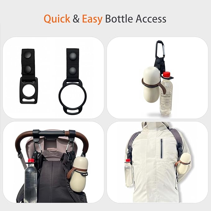 Stroller Hooks with Silicone Bottle Holders - 2 Pack Heavy Duty Aluminum Carabiner Clips & 2 Universal Silicone Grips for Water Bottles - Universal Organizer for Diaper Bags, Wheelchairs, Carts