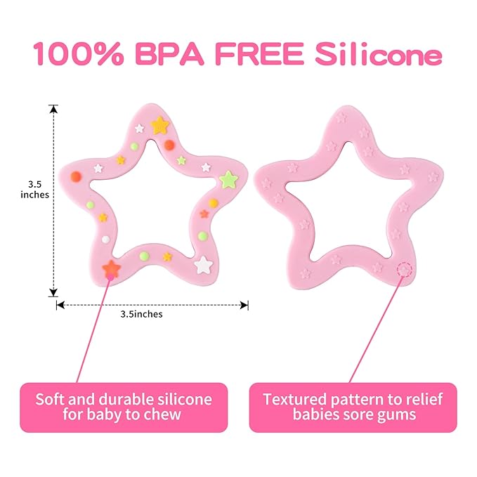 Jimibaby Silicone Star Teether, Christmas, Holiday teether, The First Teething Toy for Baby Boys and Girls,100% BPA Free, Easy to Hold, Ideal Stocking Stuffers for Baby boy and Girl (Star Pink)