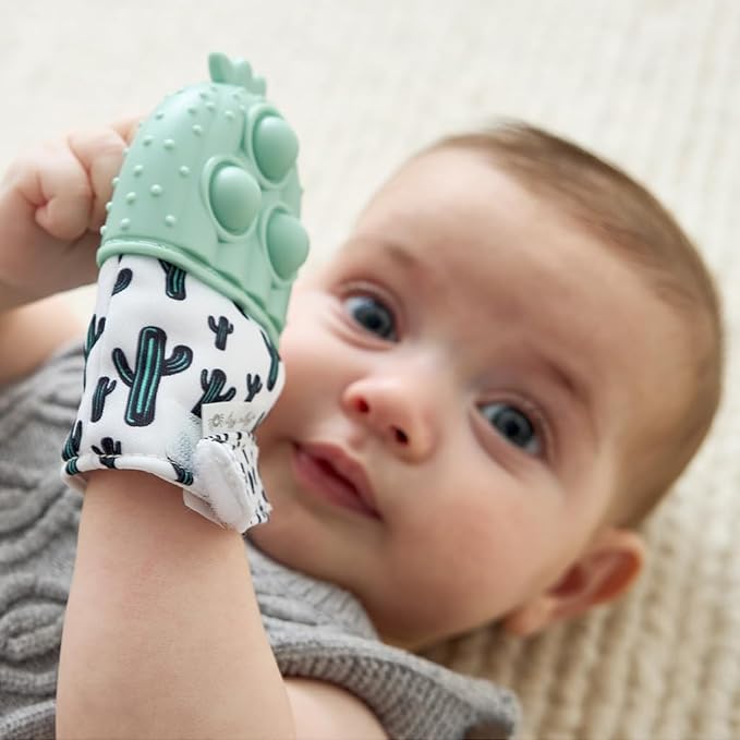 Itzy Ritzy Silicone Teething Mitt - Soothing Infant Teething Mitten with Adjustable Strap, Crinkle Sound & Textured Silicone to Soothe Sore & Swollen Gums - for Ages 3 Months & Up (Cactus)