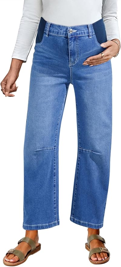 BLENCOT Women's Maternity Jeans Elastic Hight Waist Stretch Barrel Jeans Wide Leg Side Panel Pregnancy Denim Pants