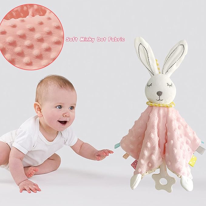 Baby Stuffed Animal Security Blanket with Colorful Textured Tags Soothing Sensory Teether Toy Super Soft Plush Infant Taggy Blanket Minky Dot Lovey Puppy Security Blanket for Nowborn