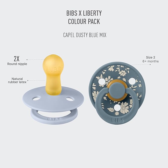 BiBS Liberty Pacifier 2-Pack, BPA Free Pacfiers with Natural Latex Round Nipple, Made in Scandinavia, Size 2 (6-18 Months), Capel Dusty Blue